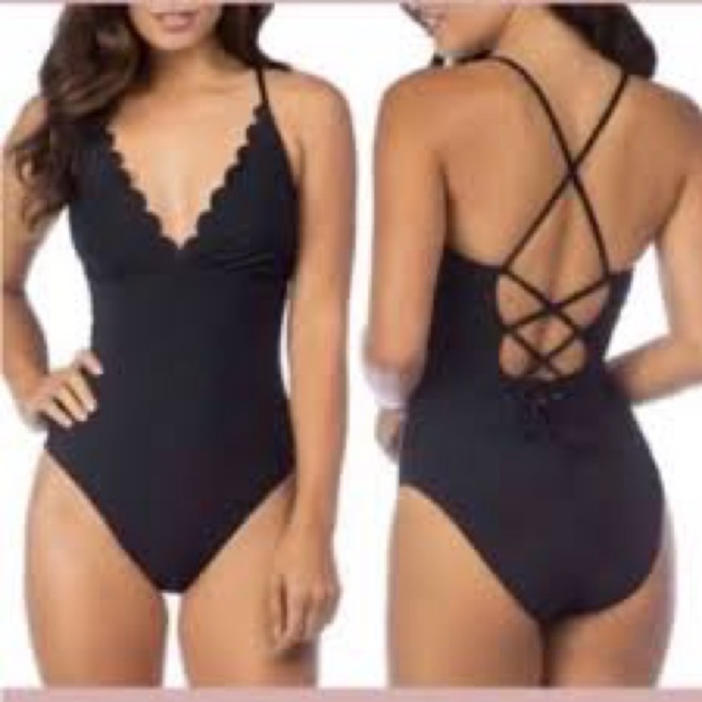 La Blanca tummy control Petal Halter Cross-Back One-Piece Solid Swimsuit  black